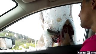 Carwash tgirl takes guy in to get fucked