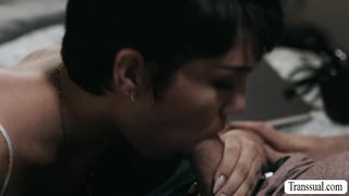 Lovely shemale gives horny friend extra hand