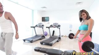 Hot shemale Naomi Chi gets fucked after a workout in a gym