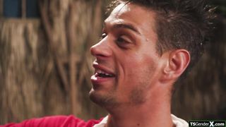 Lucky guy faces two hot shemales to fuck