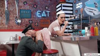 Tgirl waitress Ember Fiera anal in diner