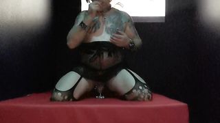 Sissy with chain on ass masturbath in cinema