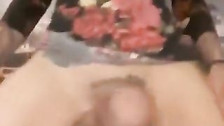 Inked she-male plays with fat humungous sausage