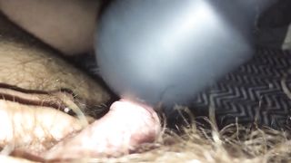 Close up of gigantic wooly ftm nub stimulating & jizzing
