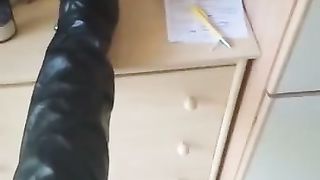 German Teenage crossdresser enjoys leather clothes