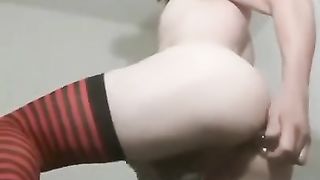 Fabulous She-Male with a glass fuck stick shoots a humungous flow