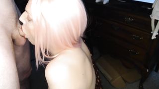 Pinkish Hair, Crimson Lip, Sensuous Deep Throat and Facial Cumshot