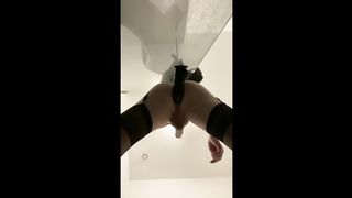 Obedient bottom femboy takes big black cock faux-cock + underwear and buttplug