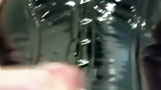 vinyl harness and spandex fetish mask jizm