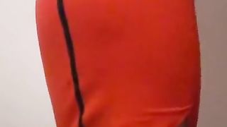 Crossdresser Lea flashing off her butt in crimson taut microskirt