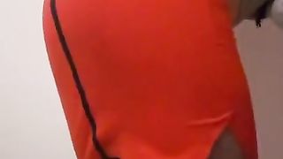 Crossdresser Lea flashing off her butt in crimson taut microskirt