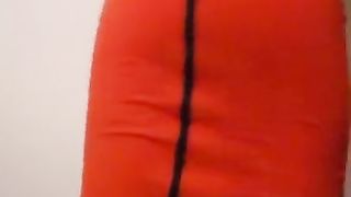 Crossdresser Lea flashing off her butt in crimson taut microskirt