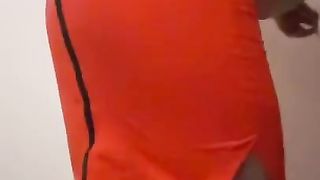 Crossdresser Lea flashing off her butt in crimson taut microskirt