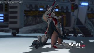 Sci-fi gal in spacesuit nails dame alien on exoplanet