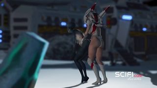 Sci-fi gal in spacesuit nails dame alien on exoplanet