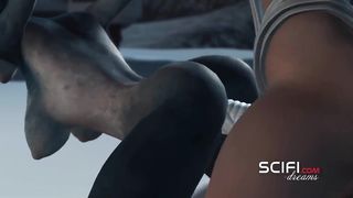 Sci-fi gal in spacesuit nails dame alien on exoplanet