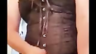 Camera Bashful Cross Dresser Jacks Off in a Dark-Hued Harness