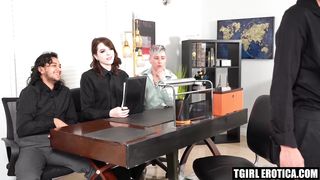 Slim trans Autumn Rain offers cock for a ride in an GROUP SEX session