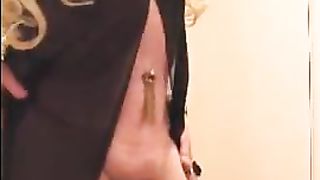 Blonde slut in long black negligee