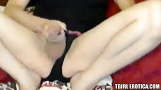 Very horny blonde shemale pleases her fans with wank off