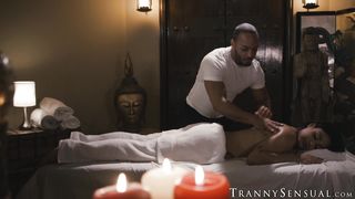 Hot TS Eva Maxim spreads for Dillon Diazs thick cock during massage