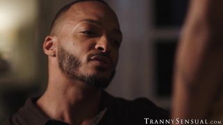 Dillon Diaz gags on TS Rubi Maxims cock before bareback flip fuck