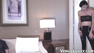 Seductive tranny Venus Lux  swallows my dick before banging me