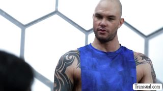 Nasty big tits TS anal fucked in the gym!