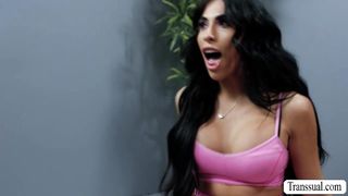 Nasty big tits TS anal fucked in the gym!