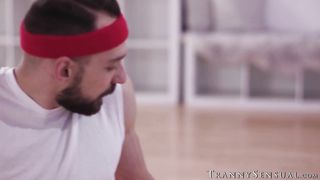 TS Emma Rose unloads her jizz in Johnny Bs dark hole after workout