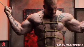 Shemale dominates muscle stud