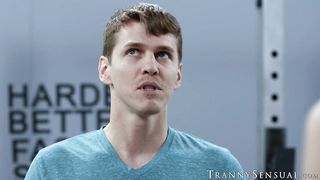 Sage Rouxs shemale ass stuffed with a throbbing cock which cums on her face