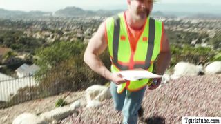 Construction worker hired by two horny shemale