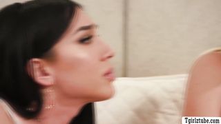 MILF blonde gets pussy and ass fucked by two Tgirl