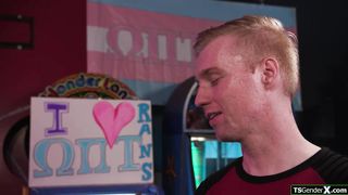 Shemale Brittney Kade takes out her cock for a guy to suck