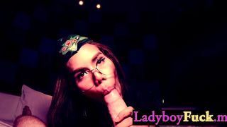 Shemale in uniform enjoyed rough anal sex after guy enjoyed blowjob by her