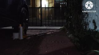 Sissy in cow micro swimsuit caboose chugging 1l of beer in her carport then shoveling it out