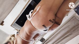 Sissy in cow micro swimsuit caboose chugging 1l of beer in her carport then shoveling it out