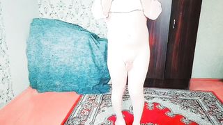 Ultra-cute t-girl opening up hands with eyes half-closed