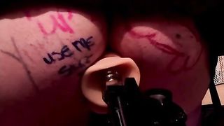 Domme spitroasts feminized sissy lollipop superslut with her strap-on faux-cock and a penetrating machine