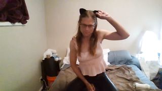 Kitty Kat Trans Nymph in Fake leather stretch pants nails her lovemaking plaything