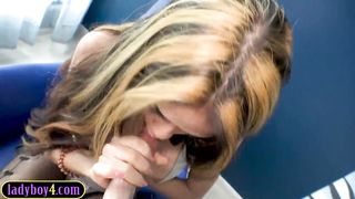 Impressive Japanese tranny teenager deep throating before buttfuck no condom