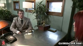 An arrogant intern Mike J tries to bully the sexy shemale secretary Eva Lin