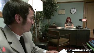 An arrogant intern Mike J tries to bully the sexy shemale secretary Eva Lin