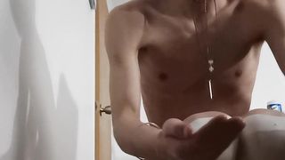 Japanese Sissy Twunk spunk with v-card cage and ass-fuck ass-plug