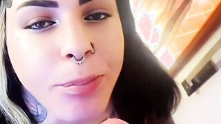 Kinky tatted trans inhale on a thick jizz-shotgun and gets milk in her jaws