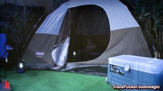 Transgirl butt sex smashes bestie in a tent on a their camping at night