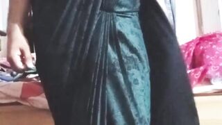 Indian Pillow-biter Crossdresser Bottom Gaurisissy toying and pressing her monstrous milk cans in Black Saree real hard-core hook-up