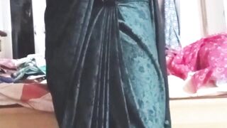 Indian Pillow-biter Crossdresser Bottom Gaurisissy toying and pressing her monstrous milk cans in Black Saree real hard-core hook-up