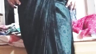 Indian Pillow-biter Crossdresser Bottom Gaurisissy toying and pressing her monstrous milk cans in Black Saree real hard-core hook-up